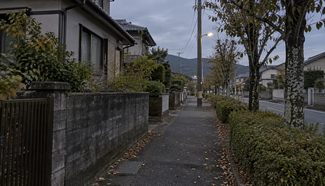 夕方の住宅街の道に、低い日差しで長く伸びる影