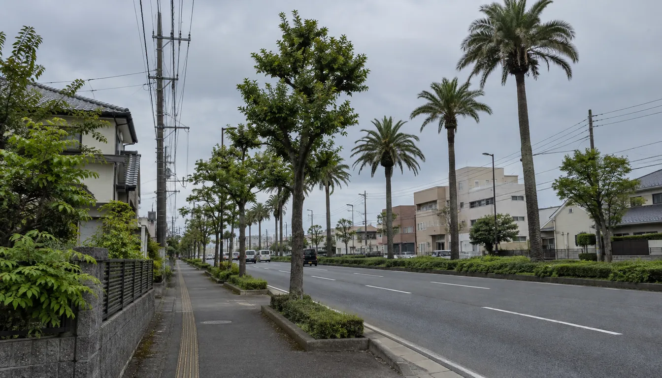 南国の街路樹が並ぶ宮崎市の歩道