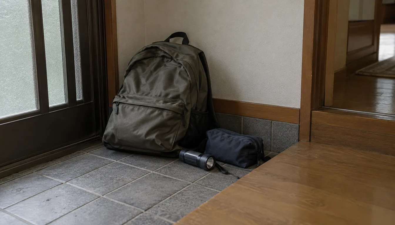 玄関の隅に置かれた防災用のリュックと懐中電灯