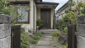 曇りの朝の住宅の玄関先と飛び石