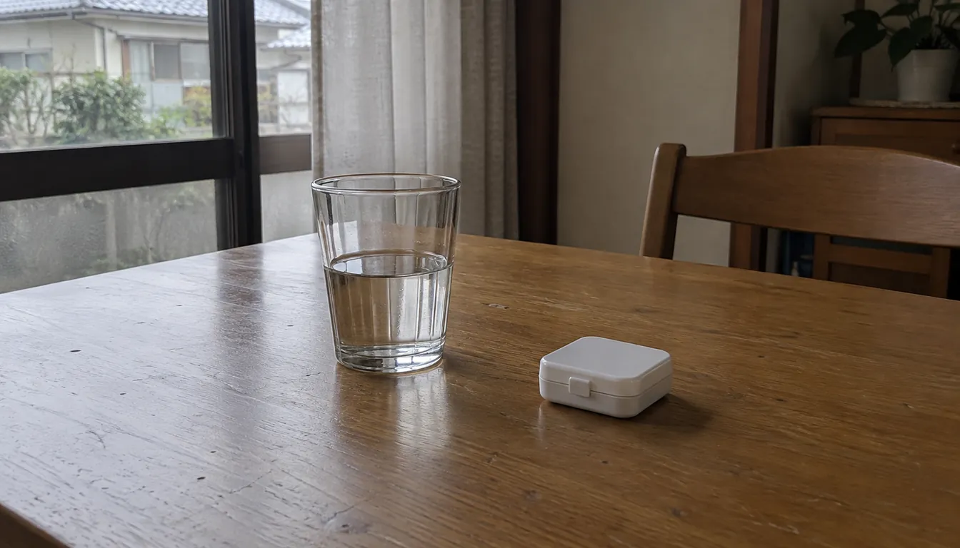 朝のテーブルの水の入ったコップと白いピルケース