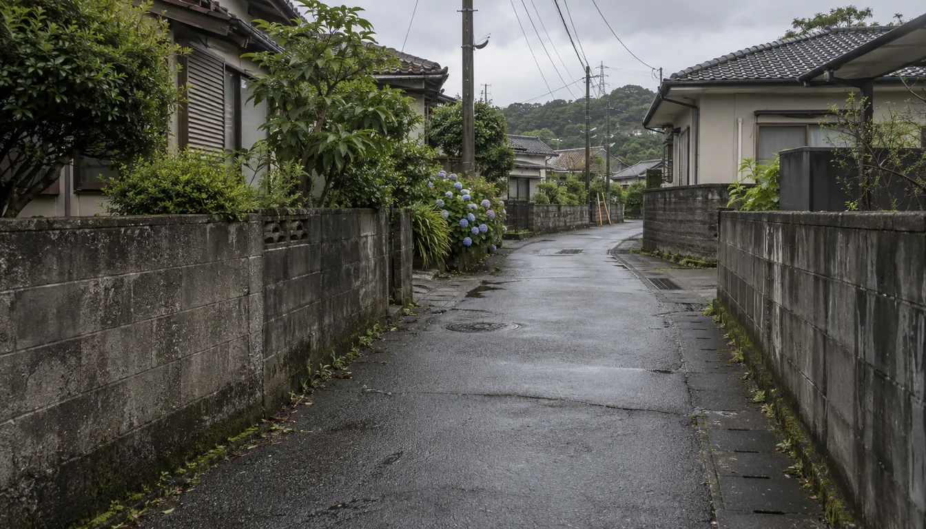 雨上がりの住宅街の細い道と、道端の紫陽花
