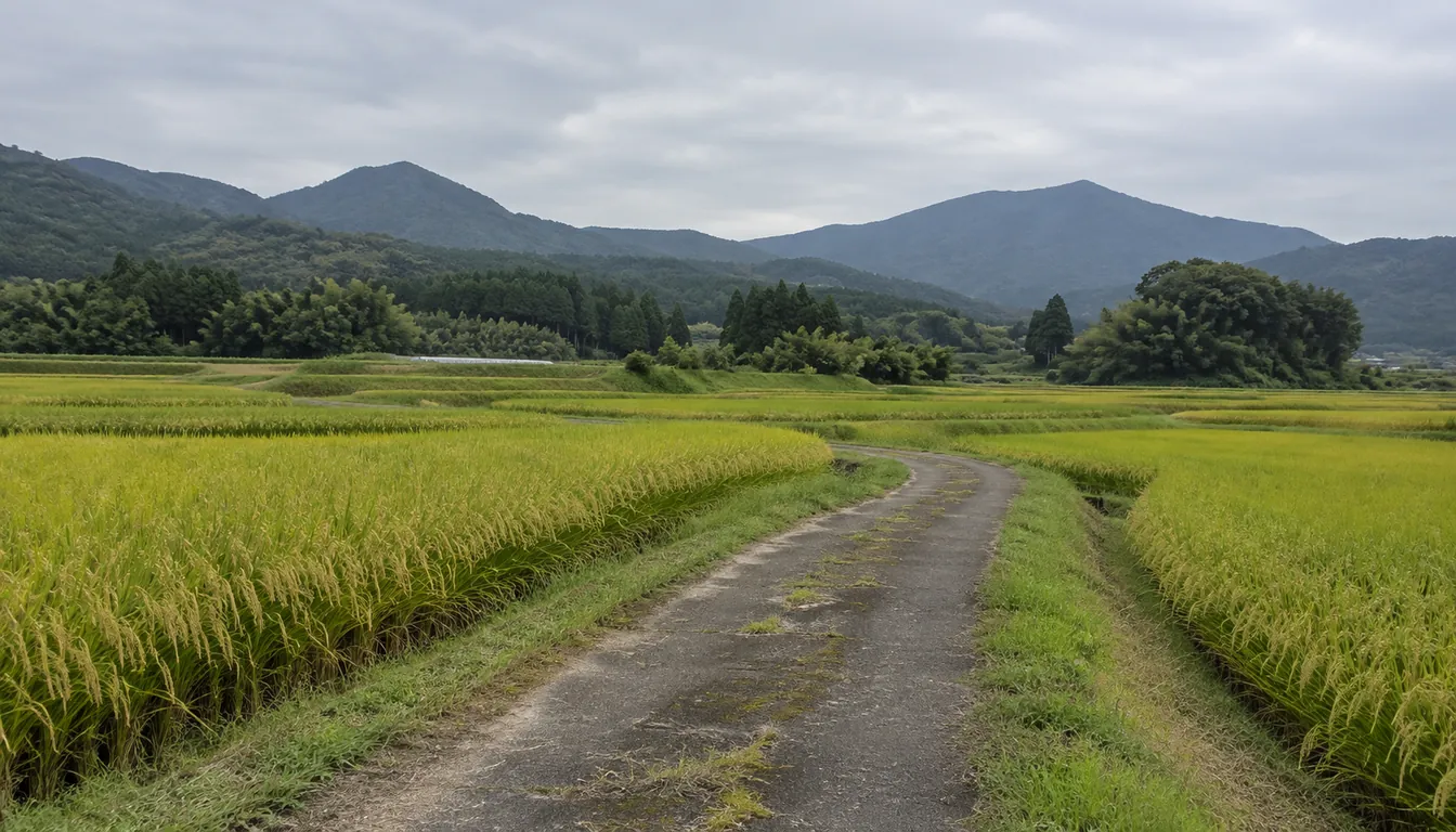 初秋の田んぼと農道、遠くの山並み