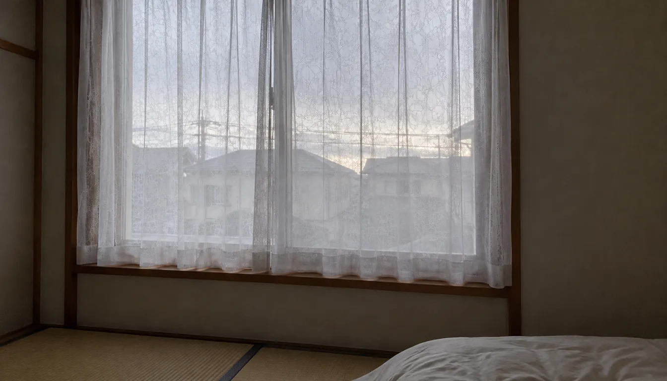 朝のカーテン越しの光が入る、片付いた寝室の窓辺