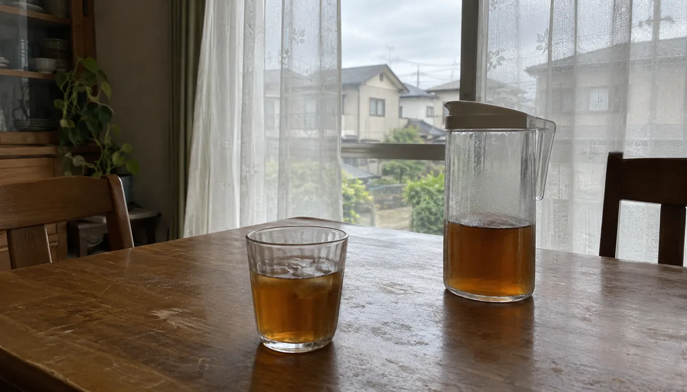 カーテン越しの窓と、卓上の麦茶のグラス