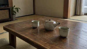 朝の居間のテーブルに置かれた湯呑みふたつ